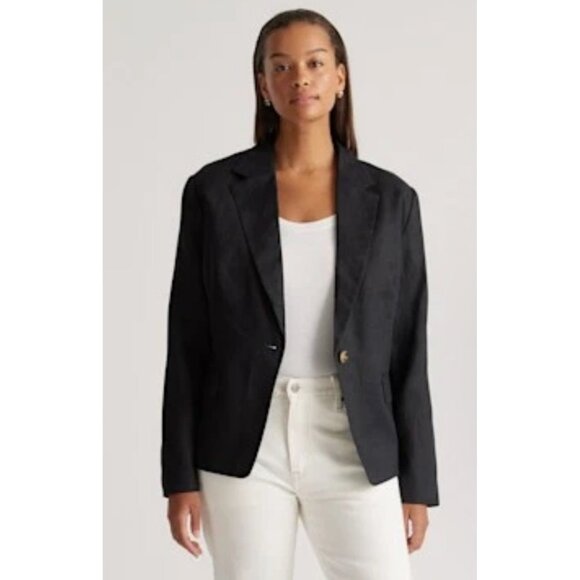 Quince European 100% Linen Structure Blazer Women Large Black Preppy Office Goth - Picture 1 of 16